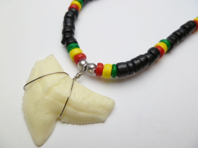 Bone Powder Shark Tooth w/ 18" Coconut & Wood Beads Necklace