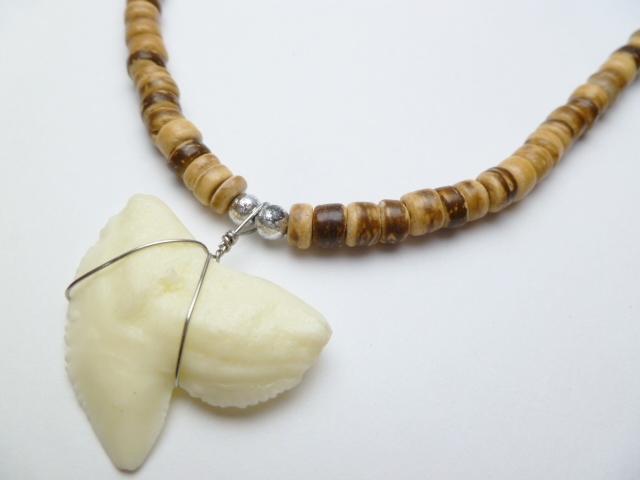 Bone Powder Shark Tooth w/ 18" Coconut & Wood Beads Necklace