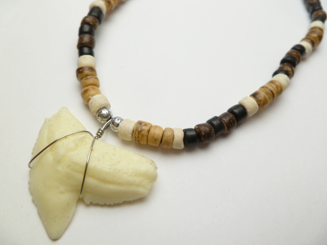 Bone Powder Shark Tooth w/ 18" Coconut & Wood Beads Necklace