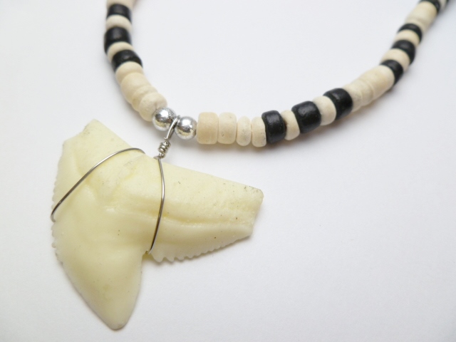 Bone Powder Shark Tooth w/ 18" Coconut & Wood Beads Necklace