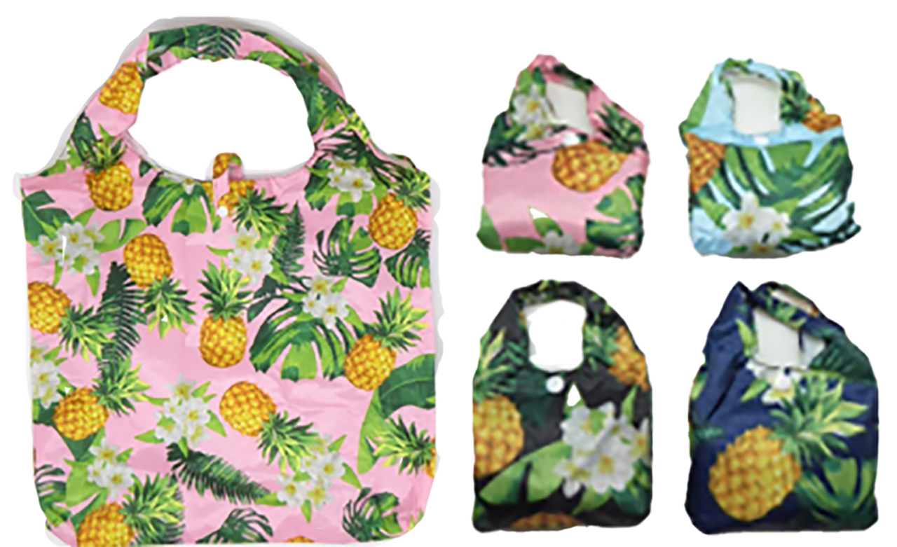 Hawaii Pineapple Print Reusable Bag w/ Matching Pouch, 12/pk