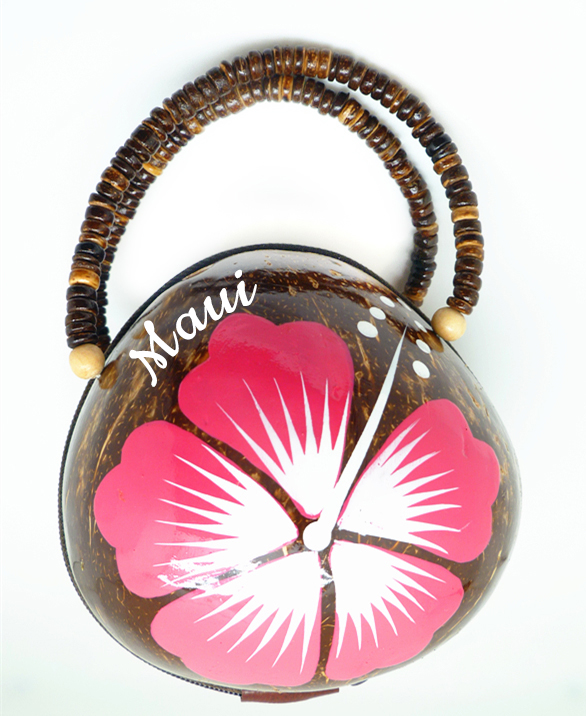 Coconut Bag Painted w/ Pink, White Hibiscus & Your "Location"