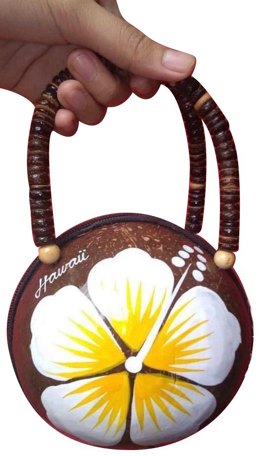 Coconut Bag Painted w/ White, Yellow Hibiscus & Your "Location"