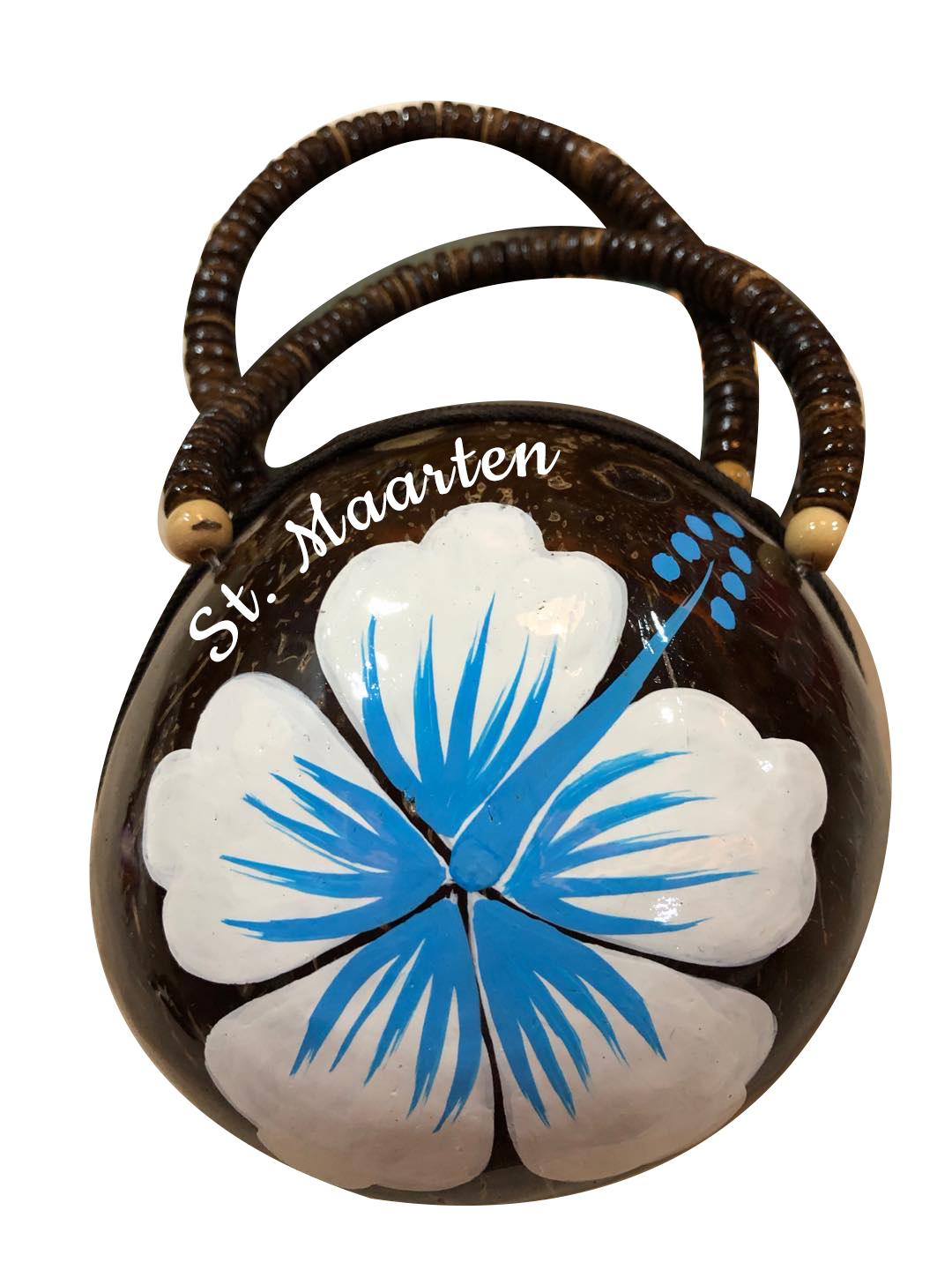 Coconut Bag Painted w/ White, Blue Hibiscus & Your "Location"