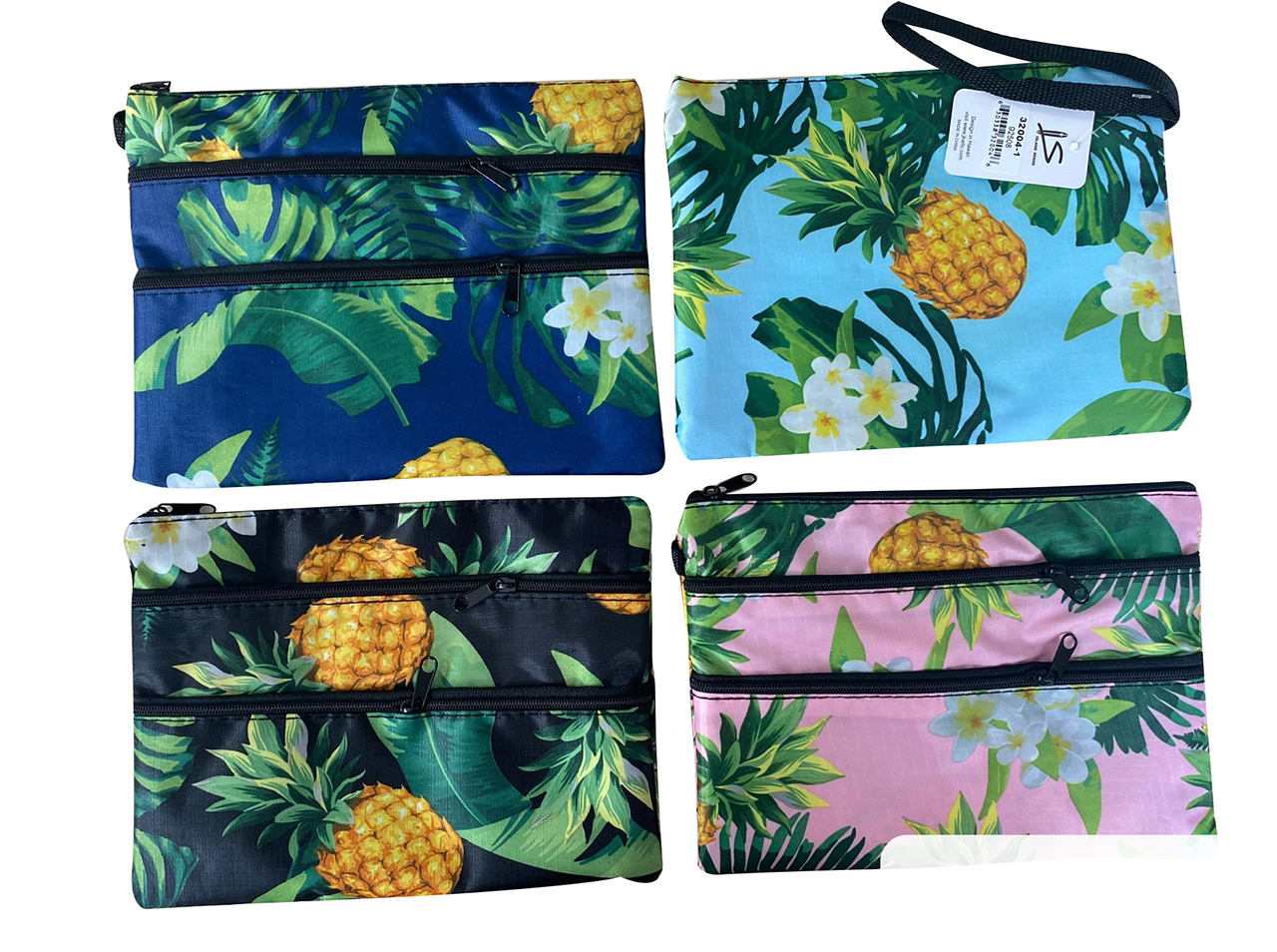 Asstd. 9X6" Pineapple Print Triple Zipper Purse w/ Strap, MOQ-6