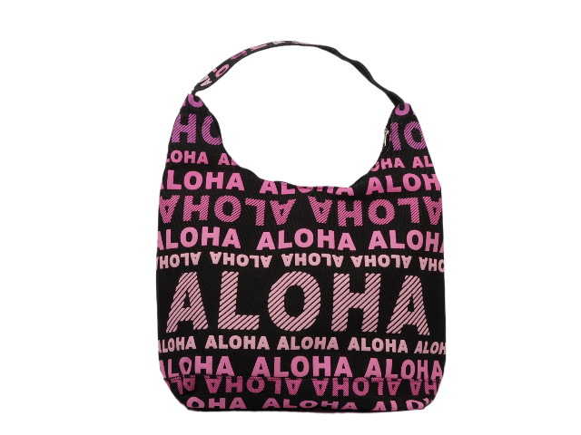 Pink "Aloha" Print on Black Shoulder Bag, MOQ-4/pk