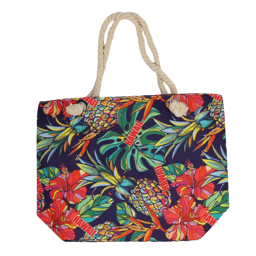 "Hawaii" Hibiscus & Pineapple Print Polyester Cotton Tote Bag