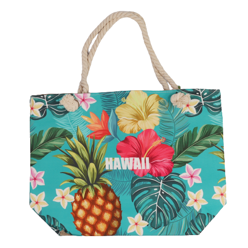 "Hawaii" Hibiscus & Pineapple Print Polyester Cotton Tote Bag