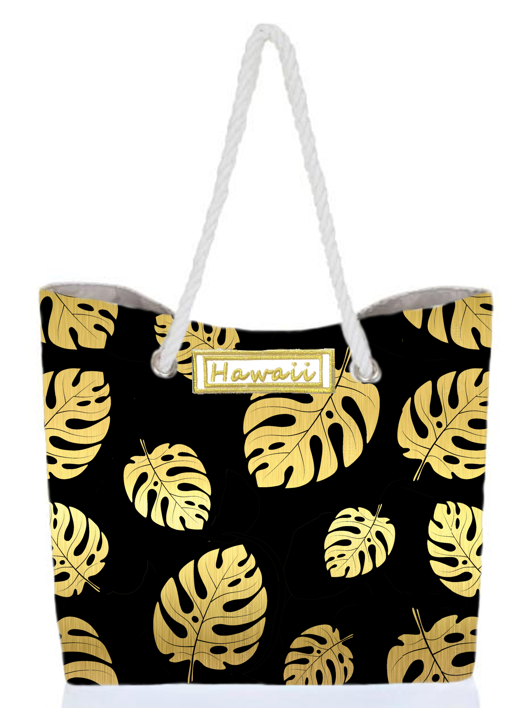 Gold Monstera Leaf Black Bag w/Zipper 17x12x4" 25/box, MOQ-4