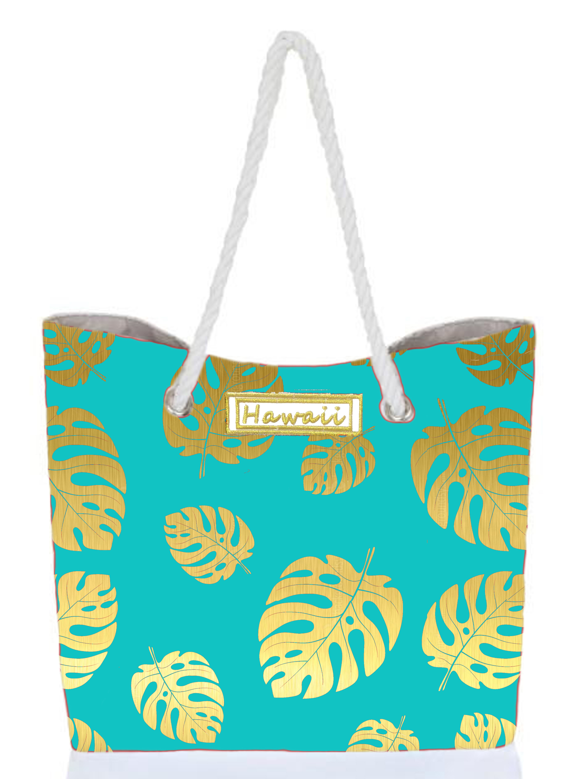 Gold Monstera Leaf Turquoise Bag w/Zipper 17x12x4" 25/box, MOQ-4