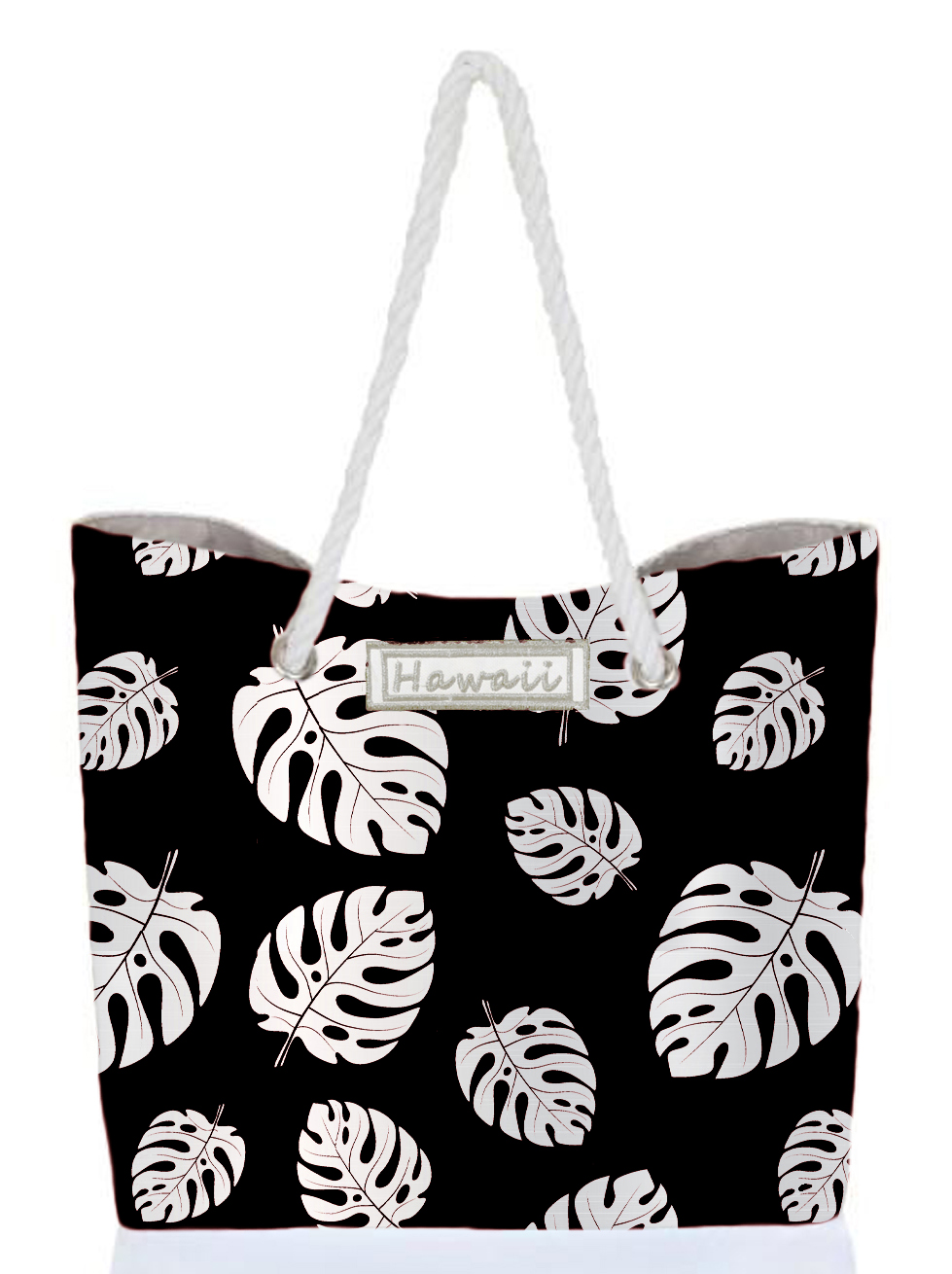 Silver Monstera Leaf Black Bag w/Zipper 17x12x4" 25/box, MOQ-4