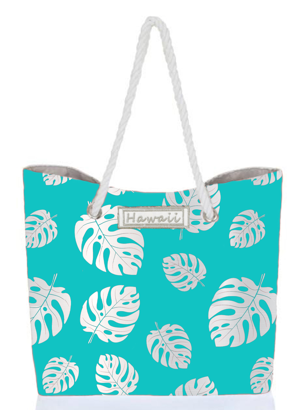 Silver Monstera Leaf Turquoise Bag w/Zipper 17x12x4" 25/box, MOQ