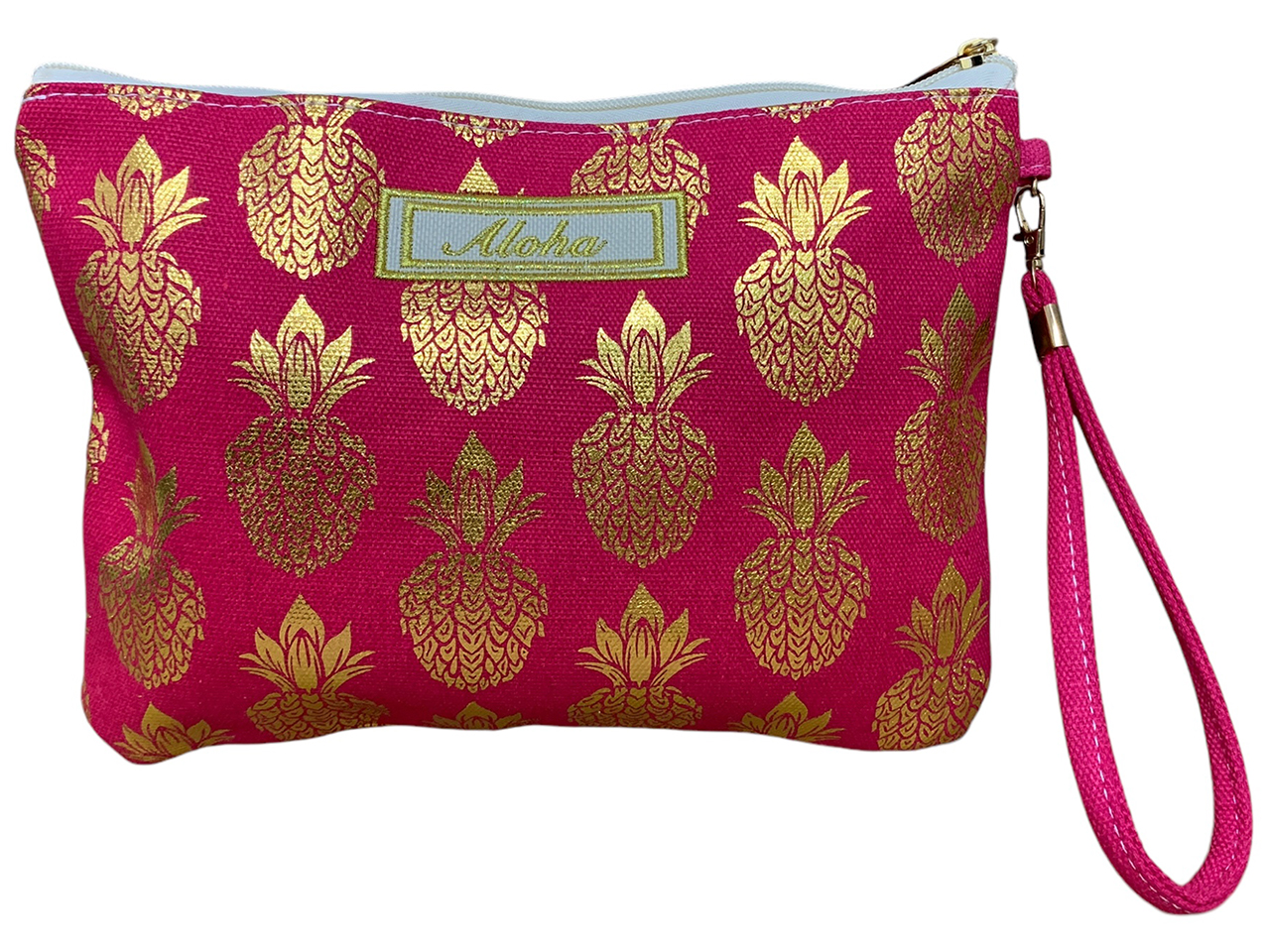 Aloha Golden Pineapple on Pink Wristlet w/ Strap 10.5x7.5" MOQ-6