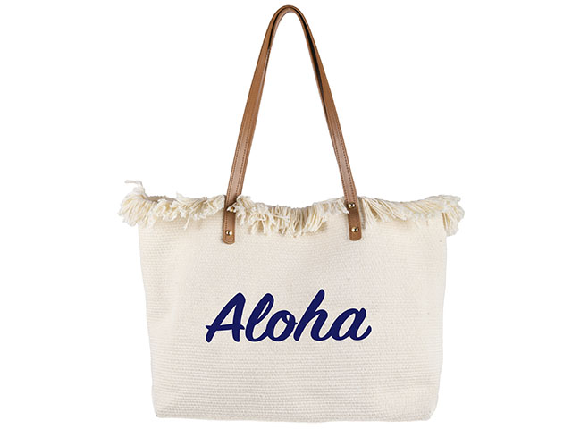 Aloha Print Khaki Fringe Top Tote Bag 50x35x10cm, 20/cs, MOQ-4