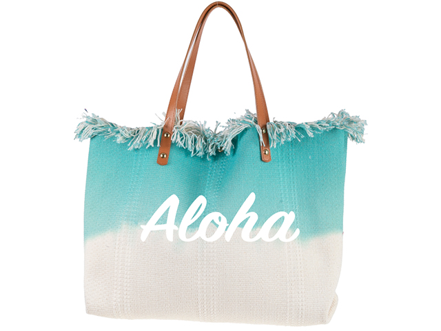 "Aloha" Print Teal & Khaki Fringe Top Tote Bag 50x35x10cm, MOQ-4