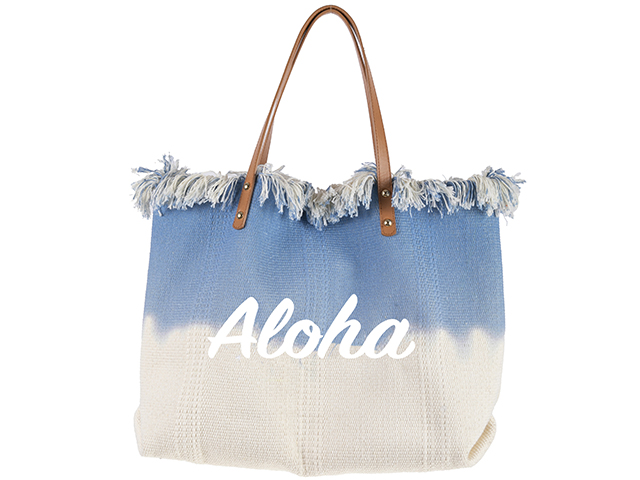 "Aloha" Print Blue & Khaki Fringe Top Tote Bag 50x35x10cm, MOQ-4