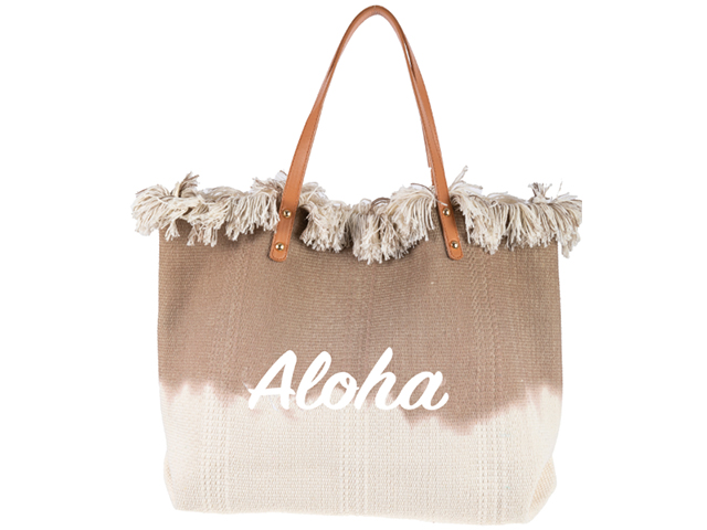 "Aloha" Print Brown & Khaki Fringe Top Tote Bag 50x35x10cm, MOQ-