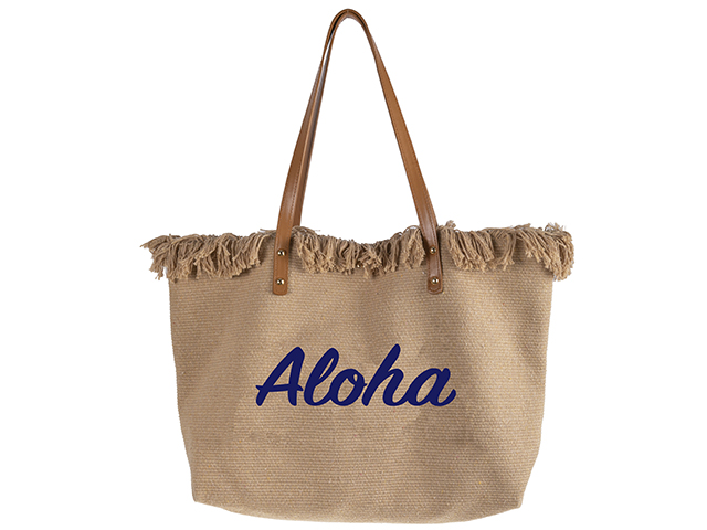 "Aloha" Print Dark Khaki Fringe Top Tote Bag 50x35x10cm, MOQ-4/p