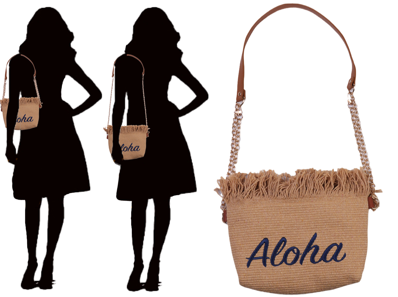 Two Way Strap Blue "Aloha" Khaki Fringe Top Purse, 80/cs MOQ-4