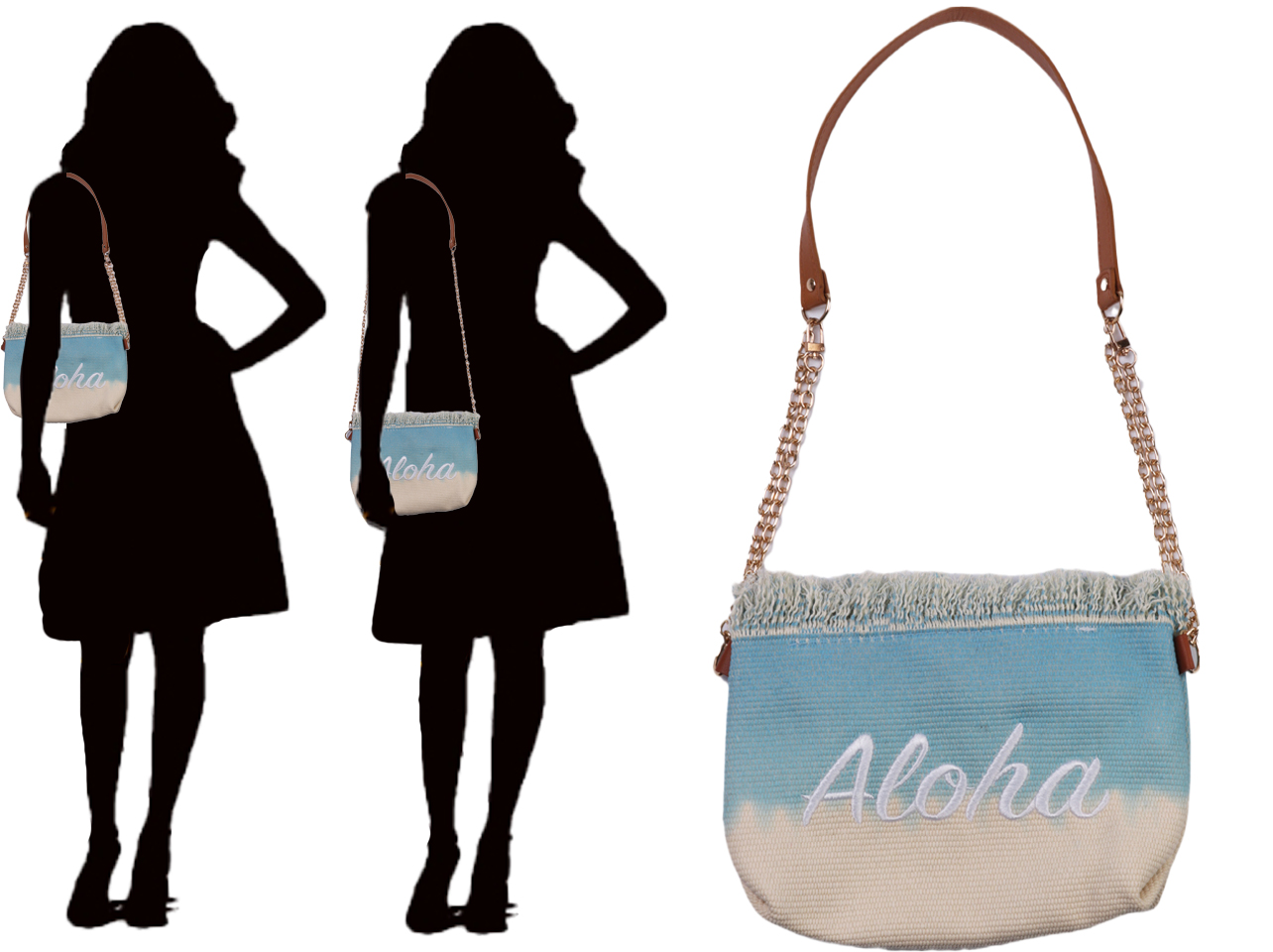 Two Way Strap White "Aloha" Blue Cream Fringe Purse, 80/cs MOQ-4