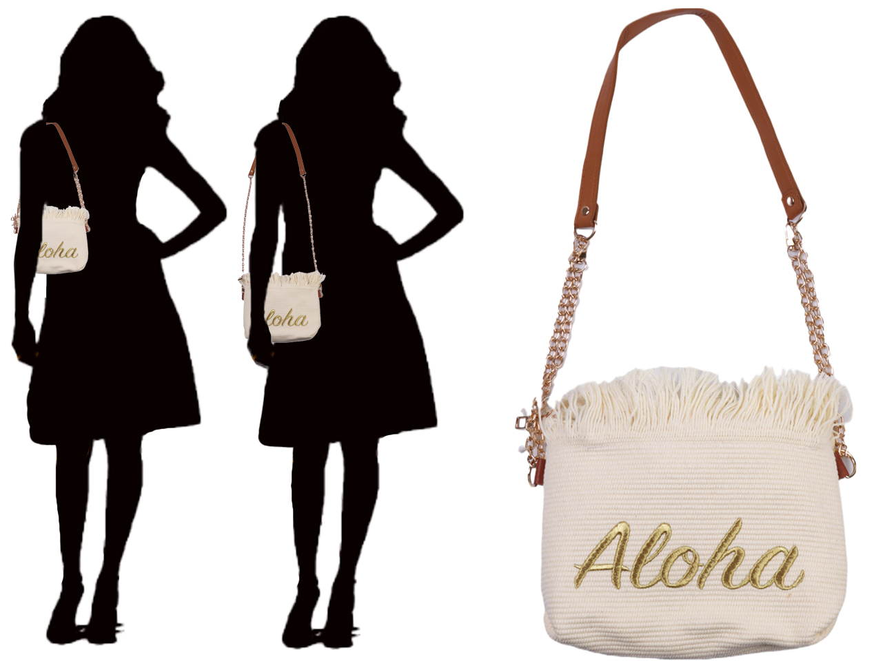 Two Way Strap Gold "Aloha"Cream Fringe Top Purse, 60/cs MOQ-4