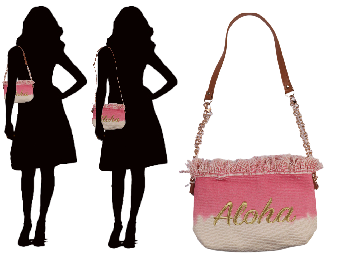 Two Way Strap Gold "Aloha" Pink Cream Fringe Purse, 80/cs MOQ-4