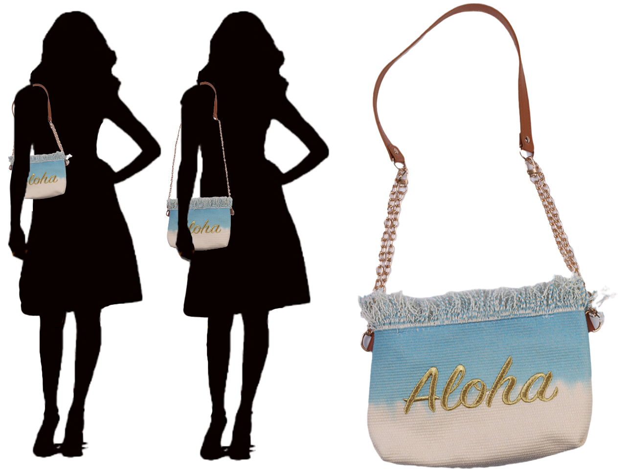 Two Way Strap Gold "Aloha" Blue Cream Fringe Purse, 80/cs MOQ-4