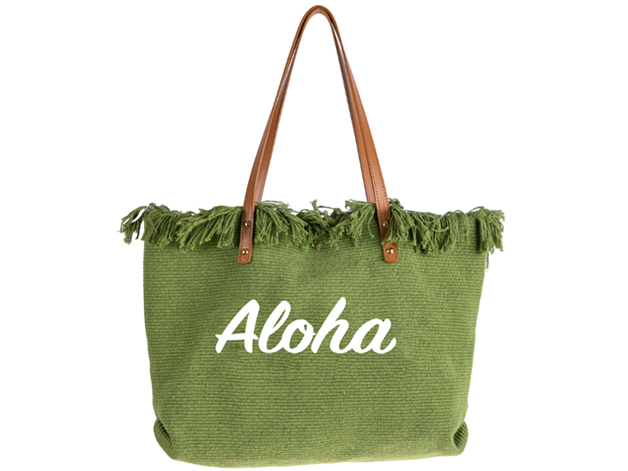 "Aloha" Print Olive Fringe Top Tote Bag 50x35x10cm 20/cs MOQ-4