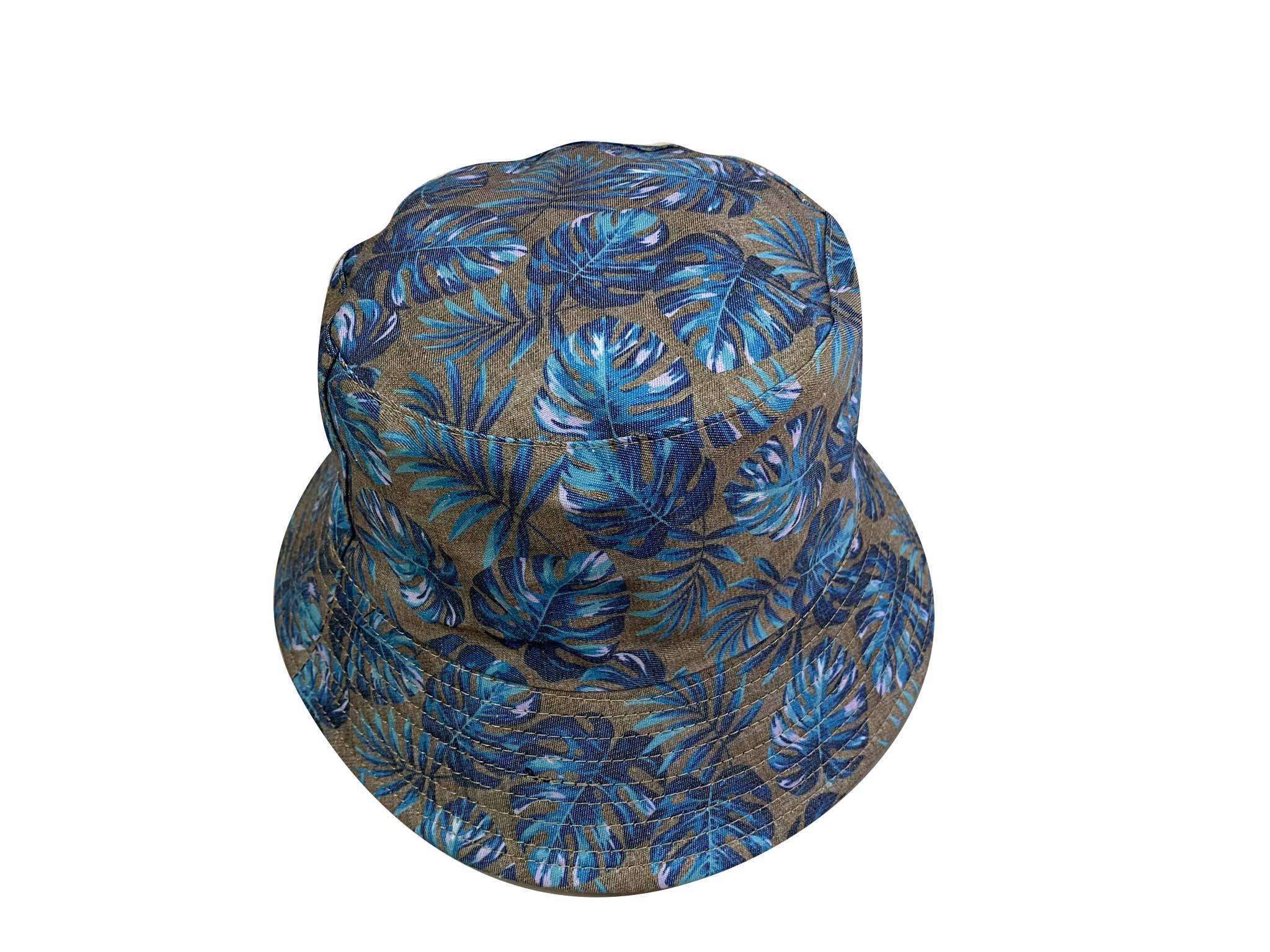 Blue Monstera Leaf Hawaiian Style Print Khaki Bucket Hat