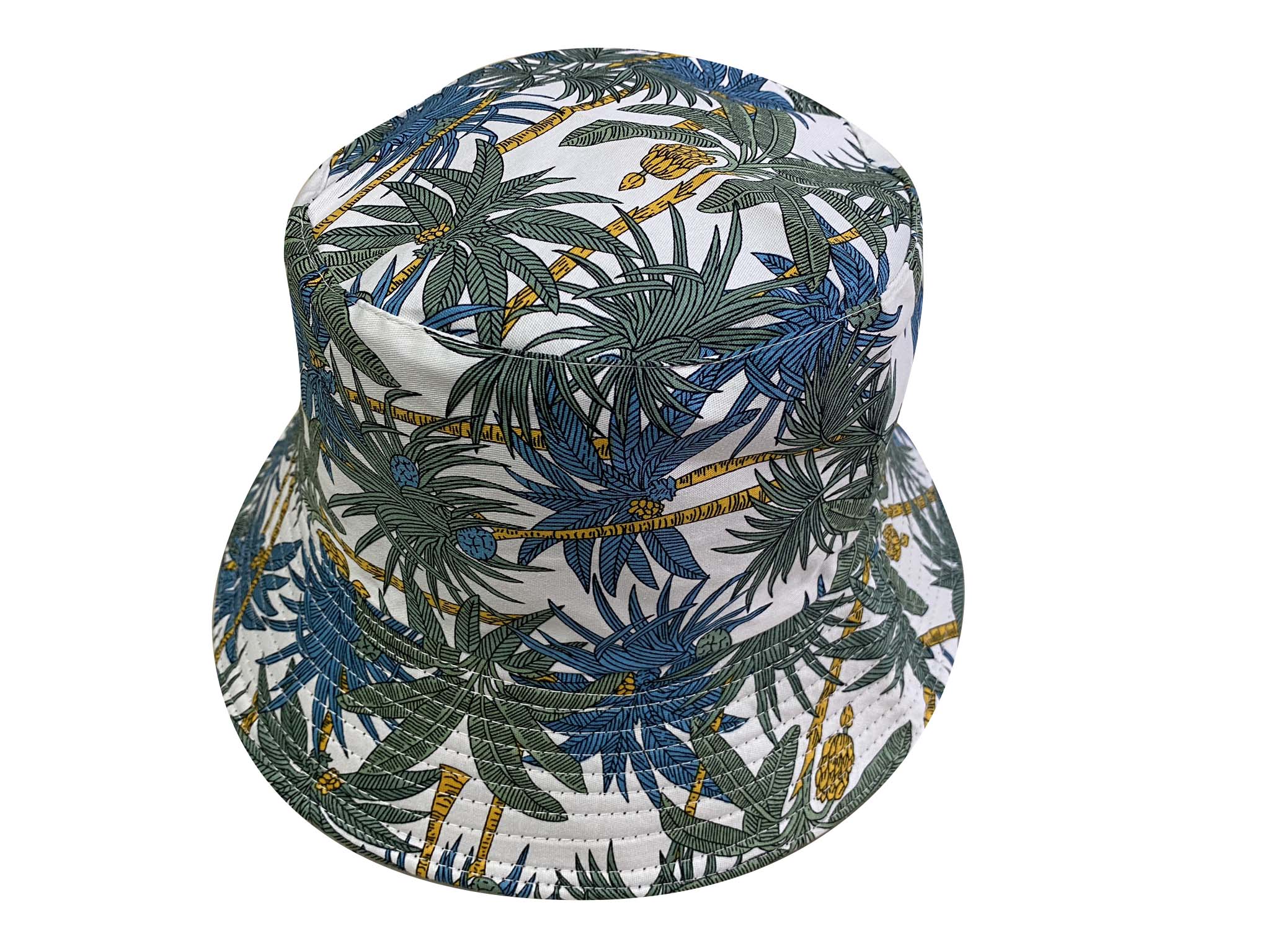 Green/Blue Palm Tree Hawaiian Style Print White Bucket Hat