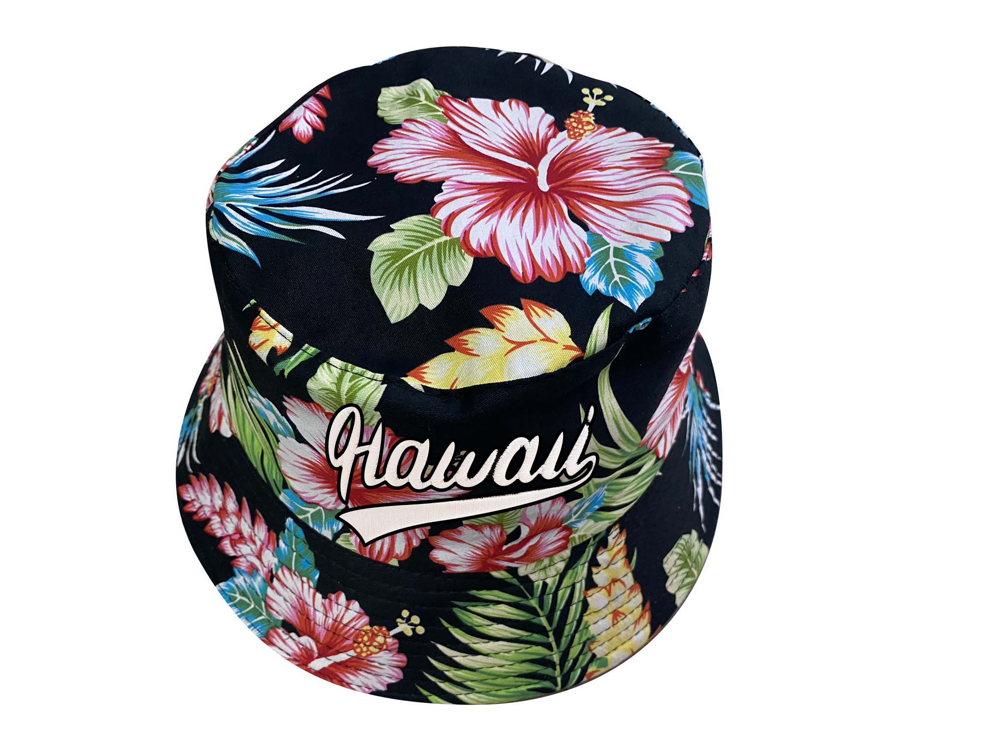 "Hawaii" Red Hibiscus Flower Style Print Black Bucket Hat