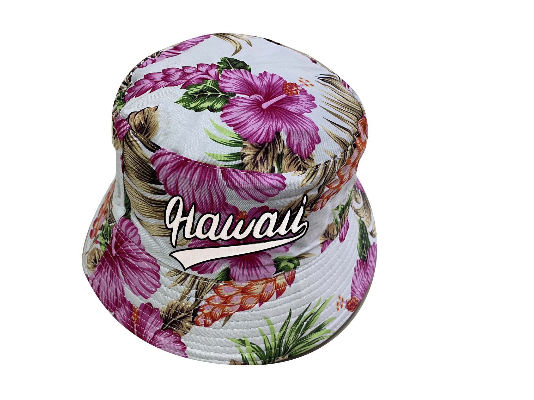 "Hawaii" Pink Hibiscus Flower Style Print White Bucket Hat