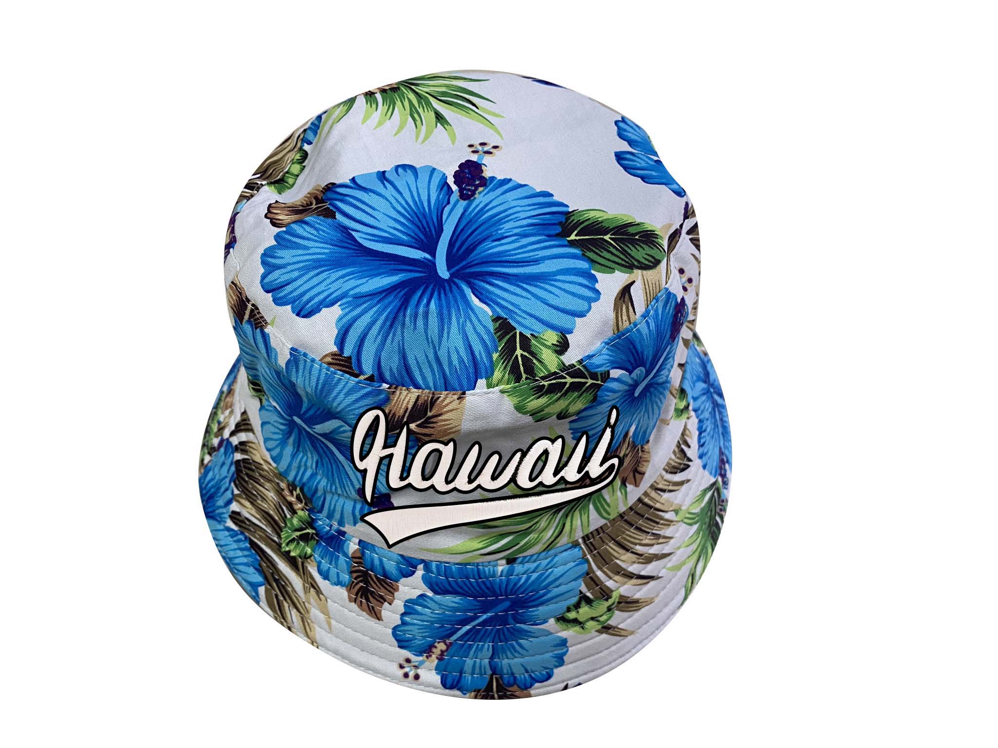 "Hawaii" Blue Hibiscus Flower Style Print White Bucket Hat