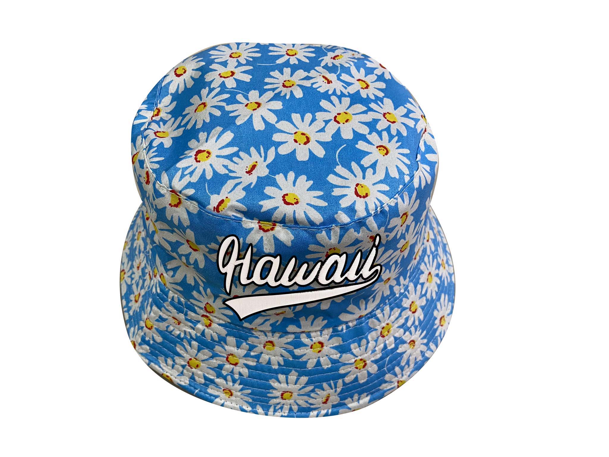 "Hawaii" White Tiare Flower Tropical Style Print Blue Bucket Hat