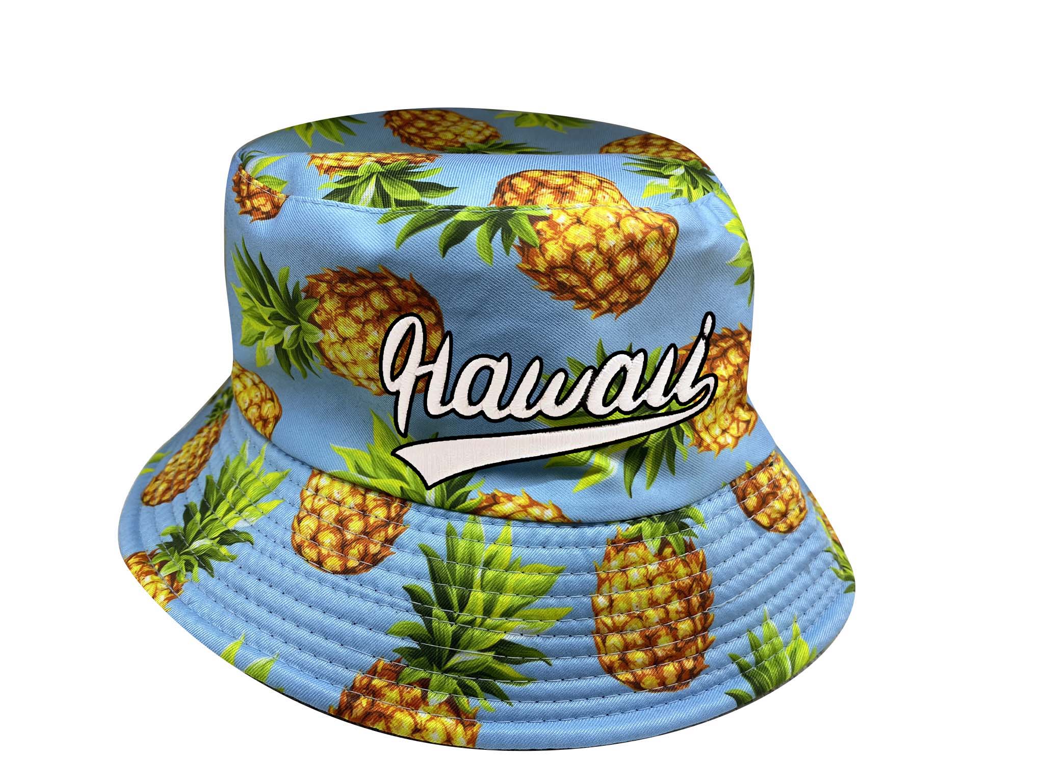 "Hawaii" Yellow Pineapple Style Print Light Blue Bucket Hat