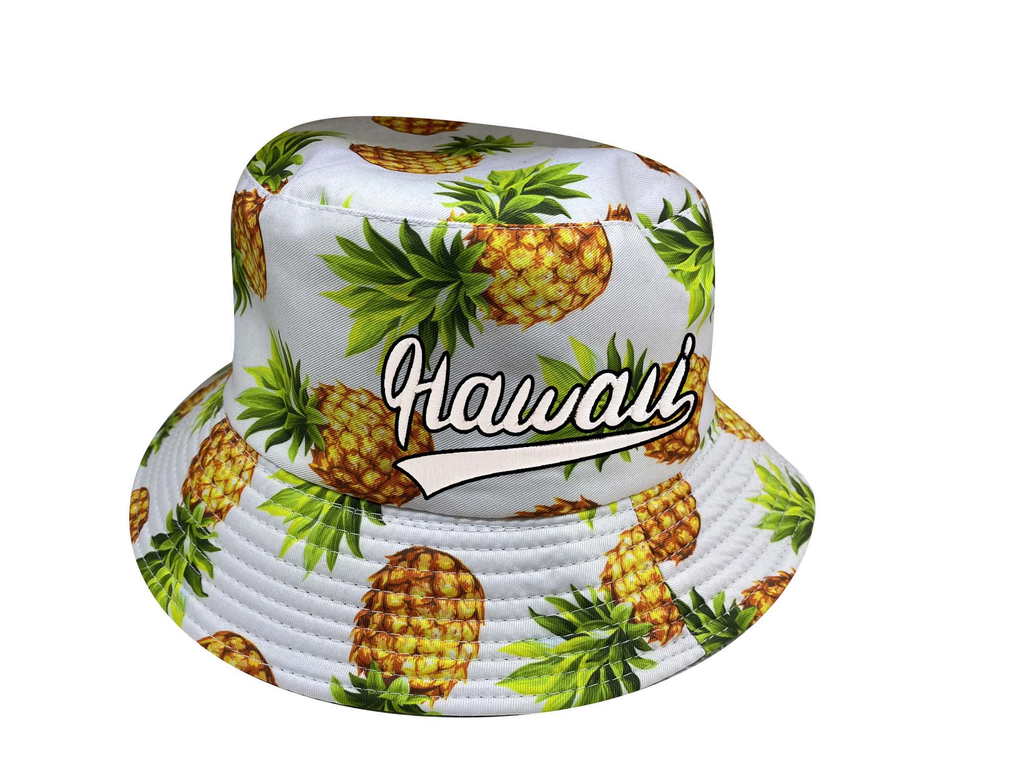 "Hawaii" Yellow Pineapple Style Print White Bucket Hat