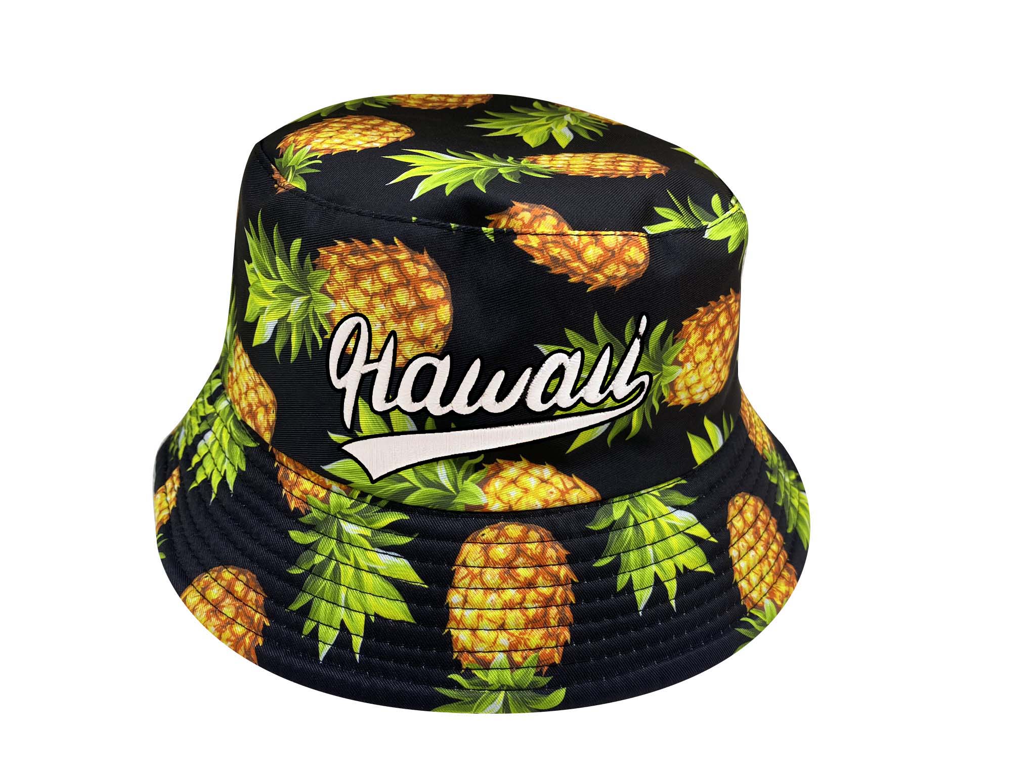 "Hawaii" Yellow Pineapple Style Print Black Bucket Hat