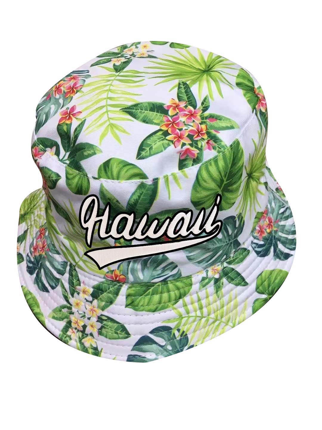 "Hawaii" Plumeria Tropical Style Print White Bucket Hat