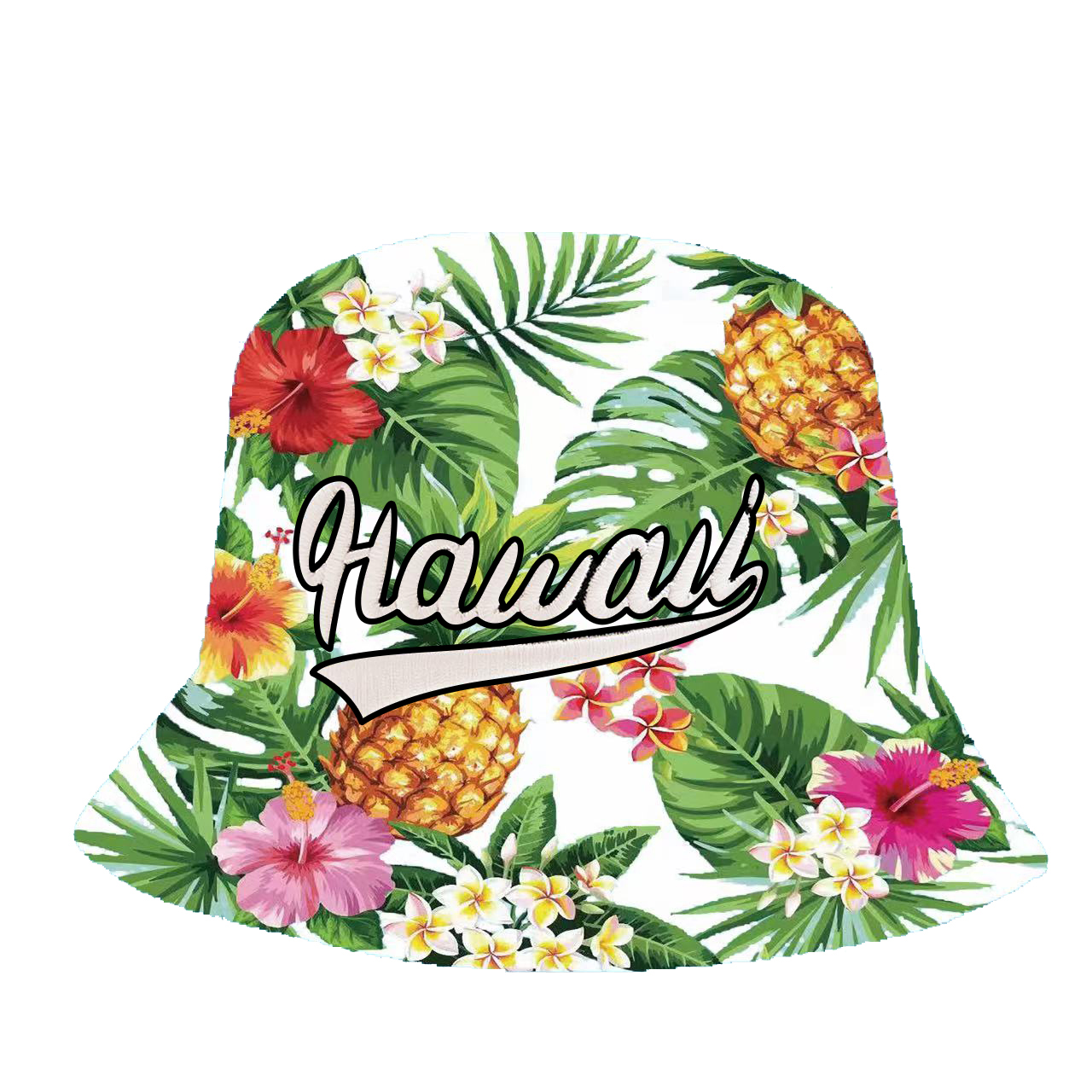 "Hawaii" Flowers/Pineapple/Monstera Style Print White Bucket Hat