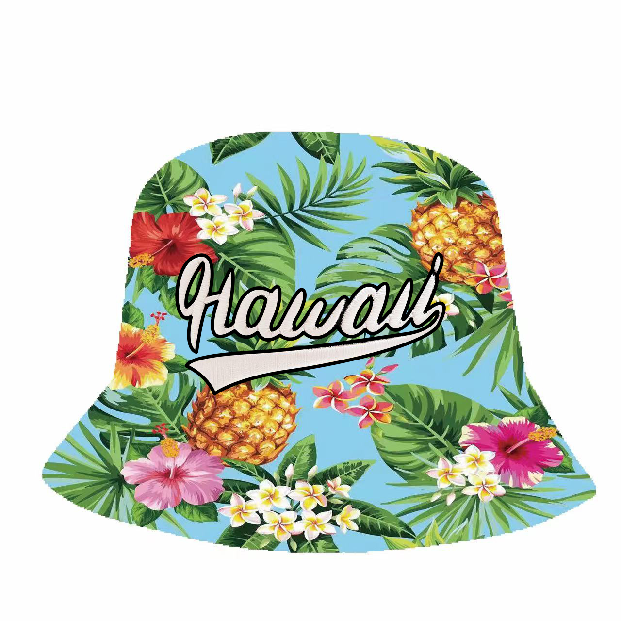 "Hawaii" Flowers/Pineapple/Monstera Print Light Blue Bucket Hat