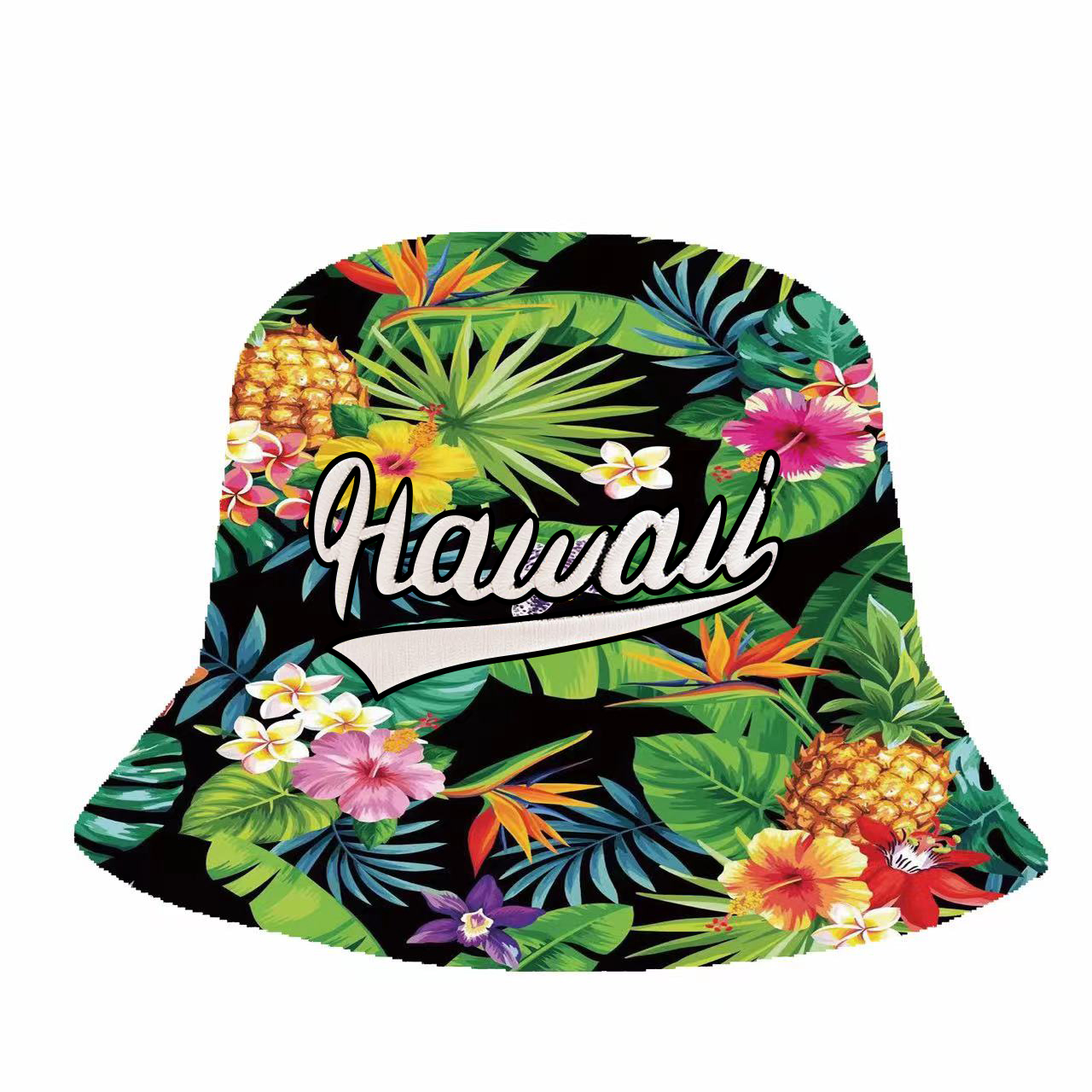 "Hawaii" Flowers/Pineapple/Monstera Style Print Black Bucket Hat