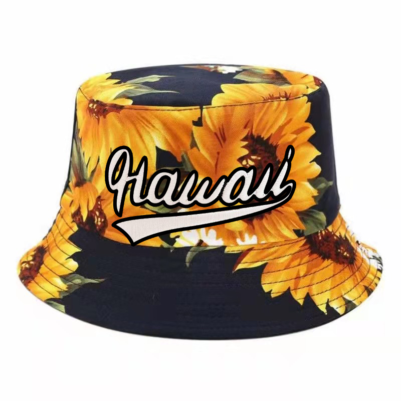 "Hawaii" Sunflower Style Print Black Bucket Hat