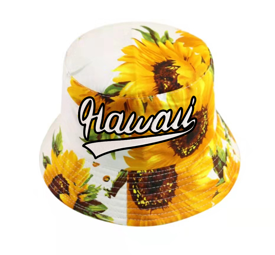 "Hawaii" Sunflower Style Print on White Bucket Hat