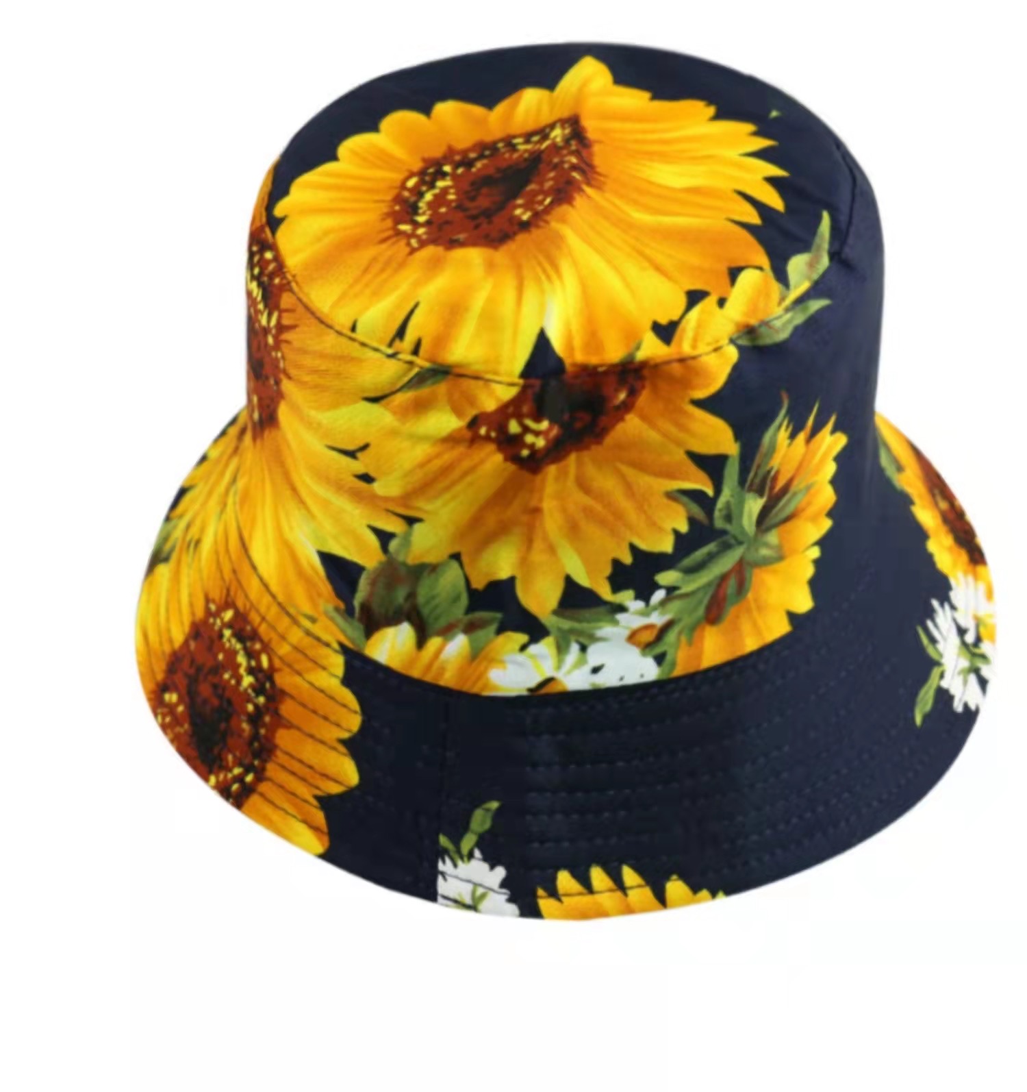 Sunflower Style Print on Navy Blue Bucket Hat