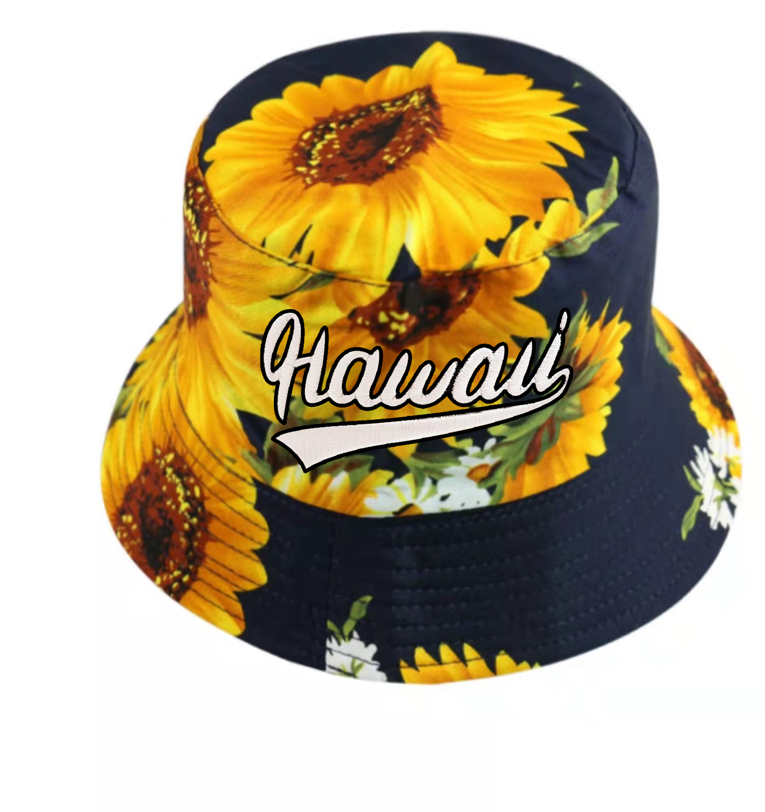 "Hawaii" Sunflower Style Print on Navy Blue Bucket Hat