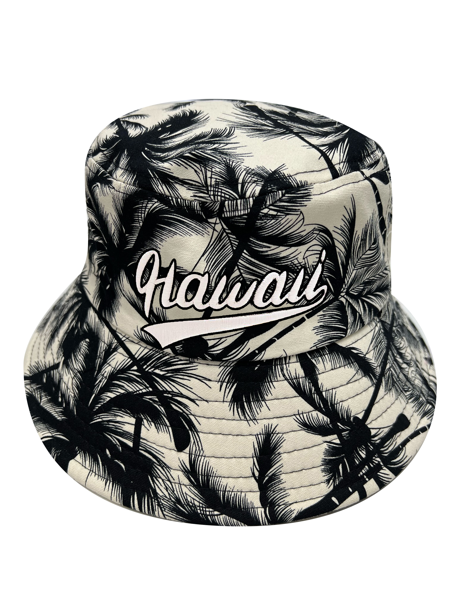 "Hawaii" Black Palm Tree Style Pint White Bucket Hat