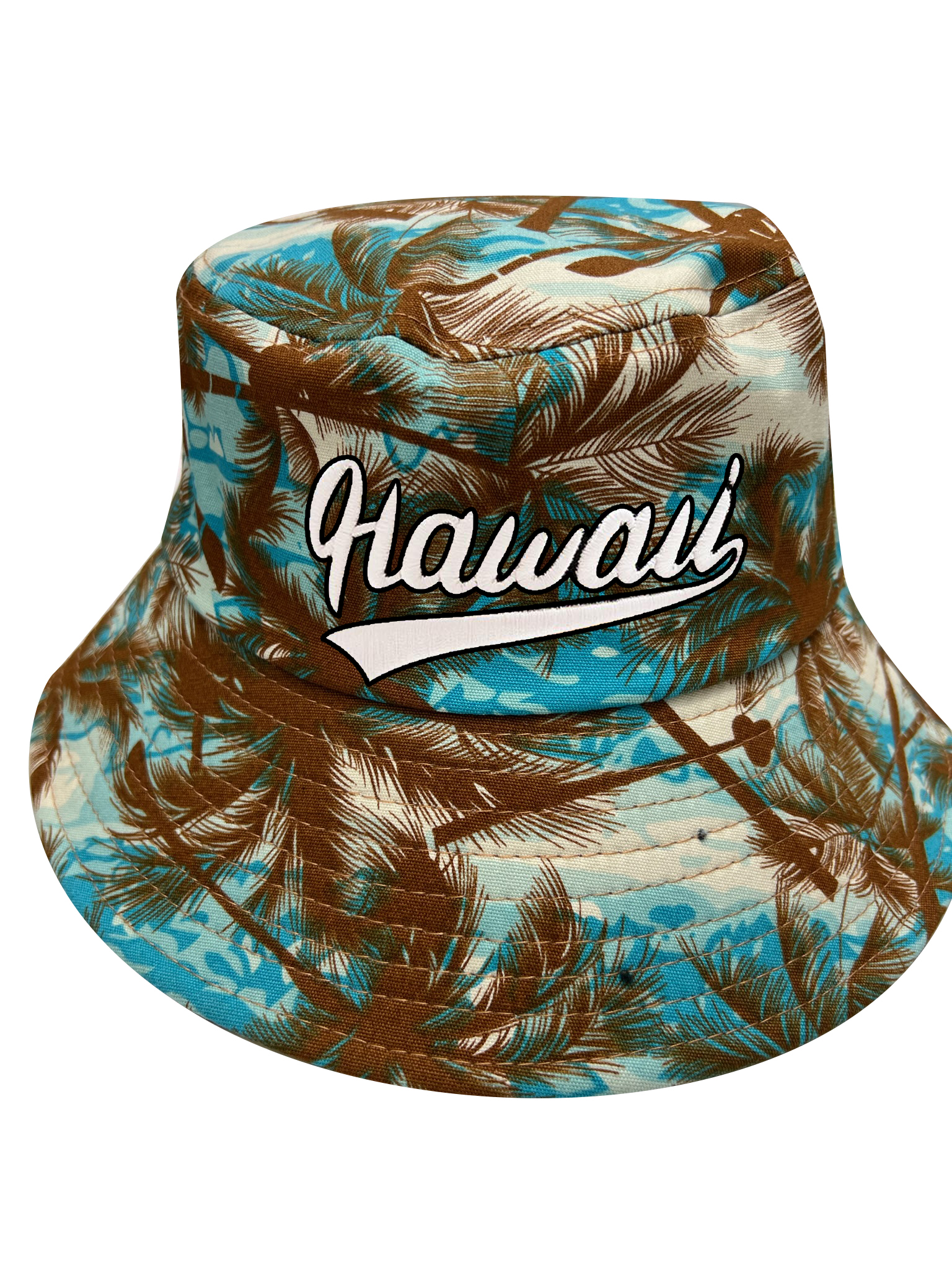 "Hawaii" Brown Palm Tree Style Print Sky Blue Bucket Hat