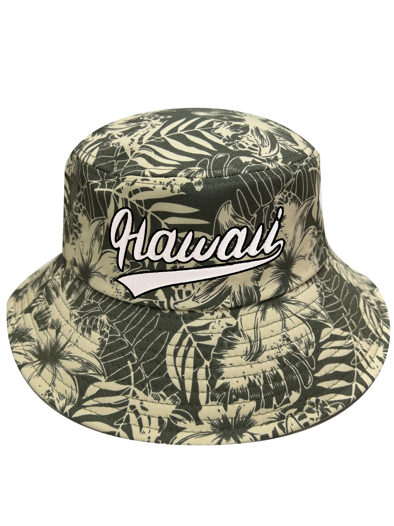 "Hawaii" Tropical Plants Style Print Olive/Cream Bucket Hat