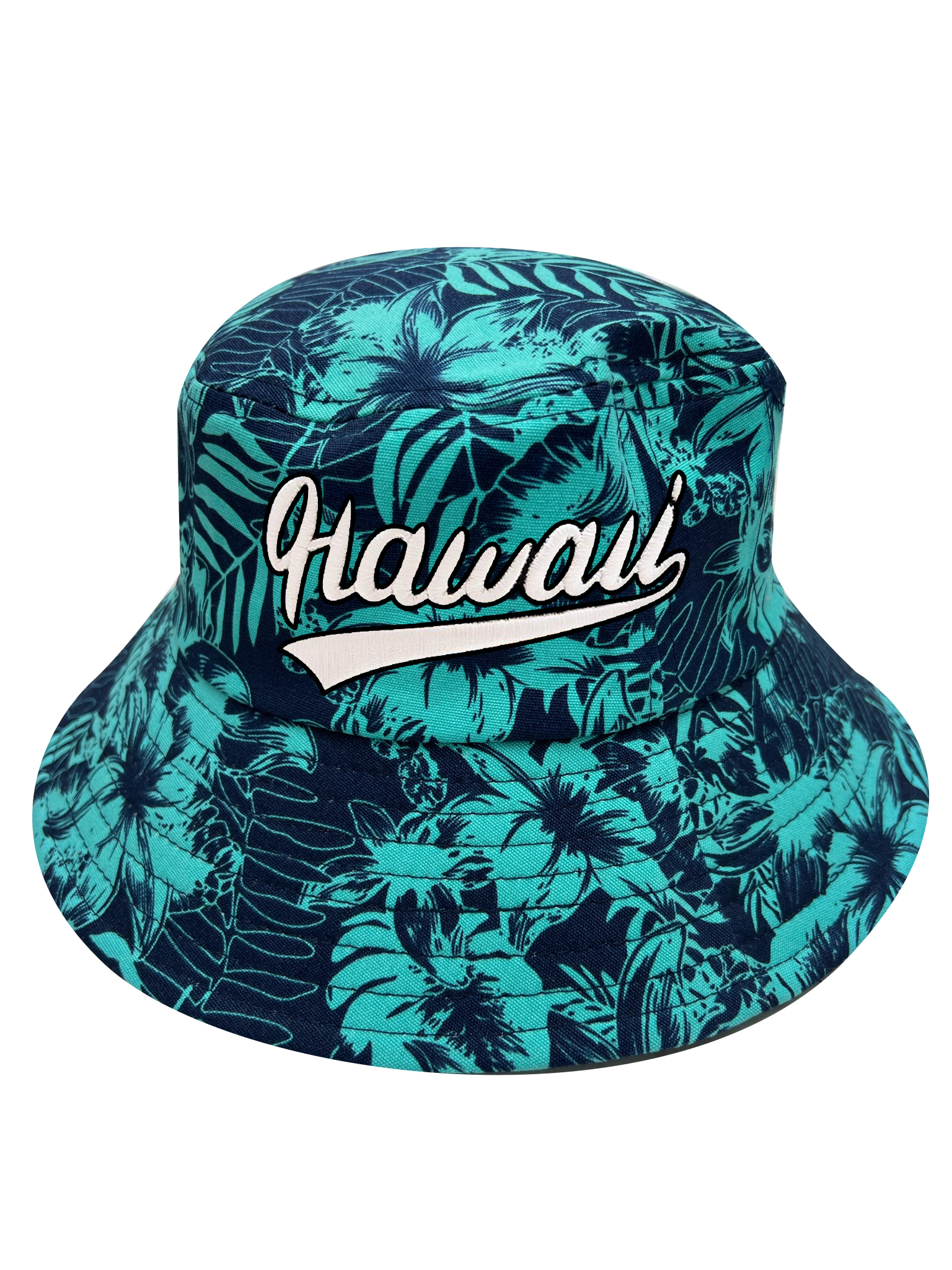 "Hawaii" Tropical Plants Print Turquoise/Navy Blue Bucket Hat