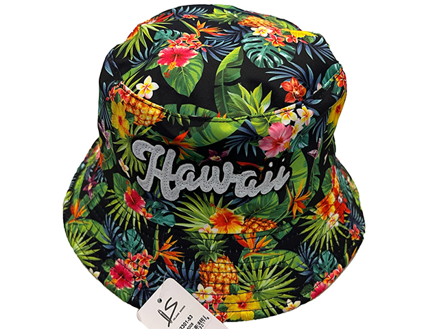 "Hawaii" Tropical Floral Plants Print Black Bucket Hat